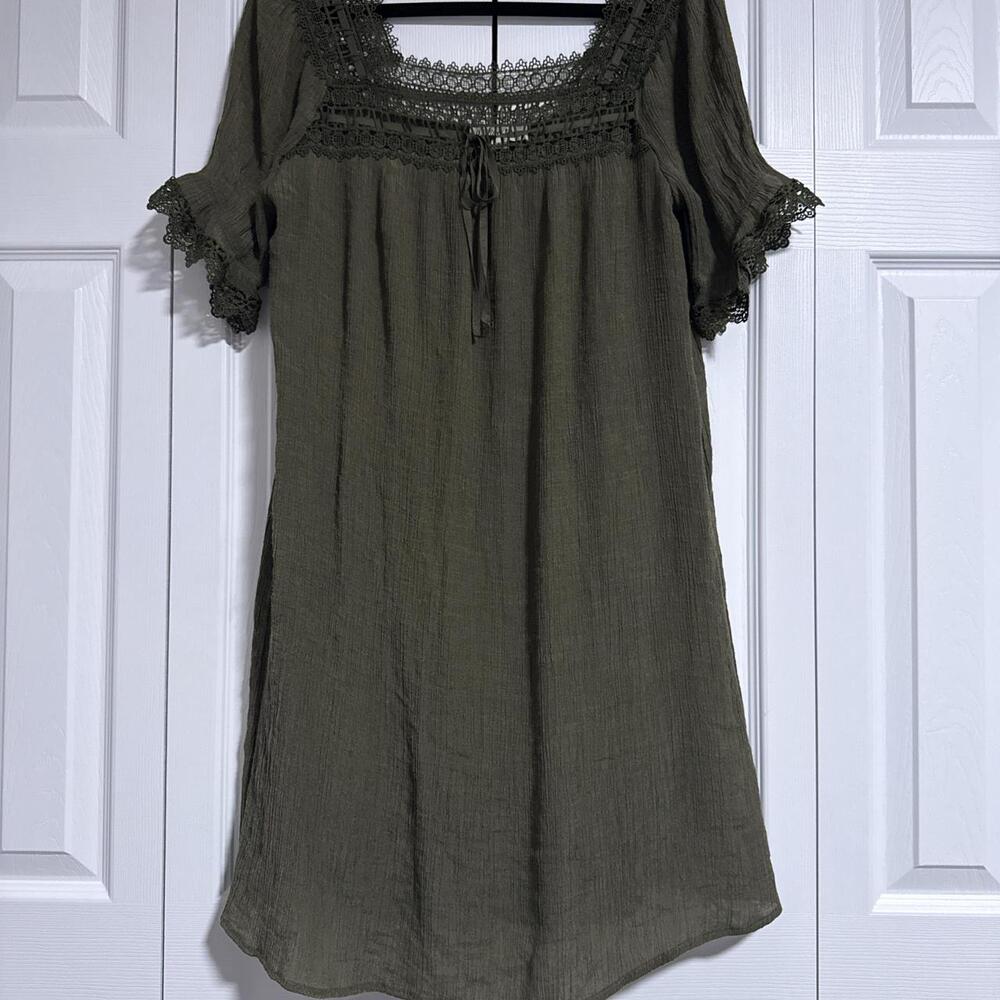 Indigo Rose olive green lace trim babydoll dress with ruffled sleeves, and lined